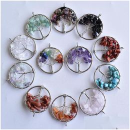 Charms Tree Of Life Natural Stone Pink Rose Quartz Opal Fluorite Turquoise Amethyst White Black Crystal Pendants For Necklac Dhgarden Dhxgg