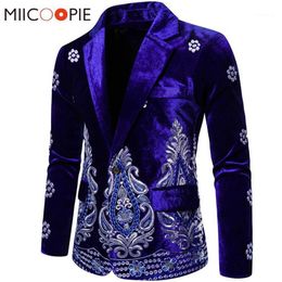 Blue Velvet Mens Floral Blazer Luxury Silver Thread Embroidery Single Button Wedding Suits For Men Social Veste Mariage Homme1219z