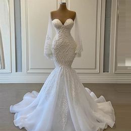 Elegant White Mermaid Wedding Dresses Bridal Gowns Beads Lace Applique Nigerian Arabic Marriage Dress Robe De Mariee309O