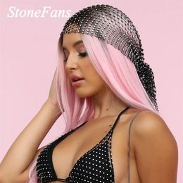 Stonefans Handmade Bling Crystal Head Scarf Tassel Jewellery for Women Fashion Rhinestone Head Accessories Black Headband Hollow J01289T