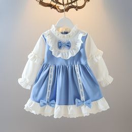 Spring Autumn Toddler Girls' Dress Blue Bow Pleated Dresss Baby Girl A-line Skirt Princess Dress For Girls Ages 1 to 4