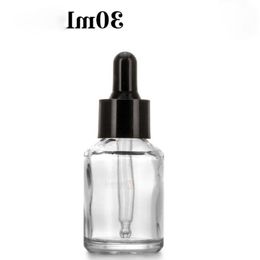 Empty Clear Amber Blue Glass Dropper Bottle 30ml Essential Oil Dropper Vial E liquid Cosmetics Refillable Bottles With Black Lid Hhcee