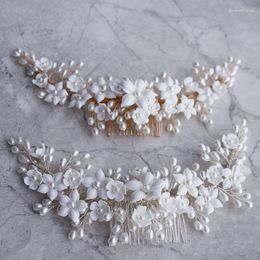 Hair Clips Exquisite Beige Pearl Handmade Ceramic Flower Bridal Comb Wedding Prom Women Accessories Jewelry