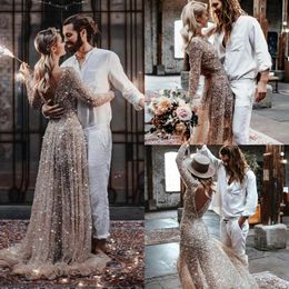 2020 Sparkle Champagne Wedding Dresses Backless vestidos de novia Long Sleeve Plus Size Sequined Bridal Gowns Custom Made228Z