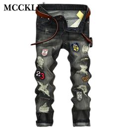 Whole- MCCKLE New Fashion Distressed Mens Jeans Pants Vintage Grey Patches Skinny Trousers Hi Street Holes Denim Biker Jeans M349G