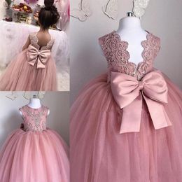 2019 Pink Flower Girls Dresses Sheer Jewel Neck Sleeveless Lace Appliques Tulle Girl Pageant Gowns Birthday Princess Dresses With 253Z