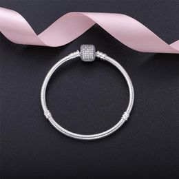 Beautiful Women CZ Pave Clasp Bracelet with LOGO Engraved In 925 Sterling Silver for Women Pandora Bracelets Bangle Wedding Gift280Y