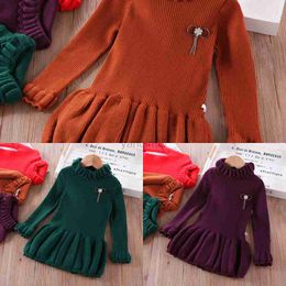 Pullover Girls' Long-sleeved Sweater Dress Fashion Corsage Knitted Dress Children's Clothing For Girls 3-7 Years Old HKD230724