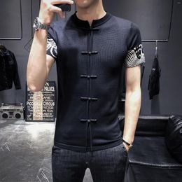 Men's Sweaters Chinese Style Pullover T-shirt Tang Clothing Plate Button Jacquard Woven Slim Shirt Hombre Fashion Trend Large Size Top