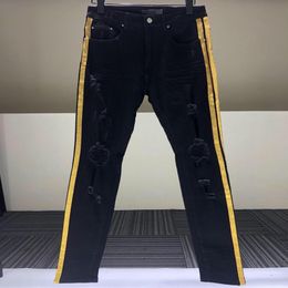 Men's Jeans Ripped Knees Gold-edged Silver-trimmed Glitter Pink Striped Slim Pants Black High Quality229Z