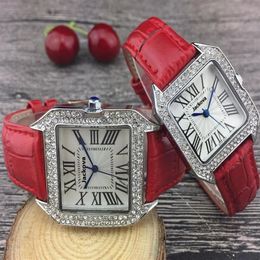 Fashion Colourful Red Leather Watch Square Designer Automatic Wristwatch Men Women Red Leather Watches Relogio Masculino Clock235c