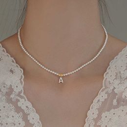 Personalised Bling Cubic Zirconia A-Z Letter Pendant Pearl Beaded Necklace Cz Zircon Initial Alphabet A-Z Choker Chain Female Collar Boho Beach Jewellery Gift For Women