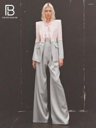 Women's Two Piece Pants Dresses For Women 2023 Spring Grey Color Block Long Sleeves Slim Blazer Flare Lady's Suit Party Evening Cocktail