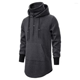 Men's Hoodies 2023 Men Slim Long Section High Collar Hooded Sweatshirt Male Extend Curved Hem Solid Black Cotton Casual Pullover