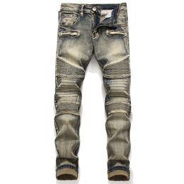 Retro Patchwork Moto & Biker Jeans for Men Ripped Slim-Fit Stretch Pleated Pants Fashion Casual Stitching Streetwear Daily Wear