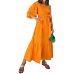 Casual Dresses Customize Summer Fashion Solid Color Maxi Dress Women Elegant Belted Plus Size 3XS-10XL One Shoulder Long