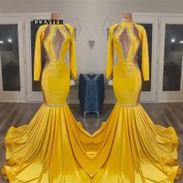 2023 Gelbgold Prom Kleider für schwarze Mädchen afrikanische Party Kleid Langarm Langarm besonderer Anlass Abendkleid Meerjungfrau Robe de Femme 232i