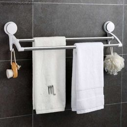 Dual-layer Rail Shelf Suction Towel Rack Stainless Steel Wall Mount Bathroom Towel Holder Rack Bathroom Kitchen Accessories L230704