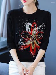 Women's Sweaters Floral Print 2023 Autumn Women Clothing Pullover Half Sleeve Tops Femme Soft O Neck Black Knitted Sweater