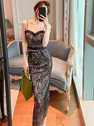 Work Dresses Y2K Summer Lace Sexy Club Vacation 2 Pieces Outfits Elegant Women Strap Short Cropped Tops Blouse Sheer Midi Skirt Mujer Set