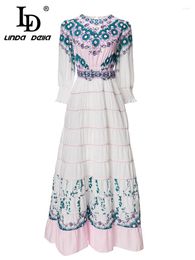 Casual Dresses LD LINDA DELL Summer Fashion Designer Vintage White Dress For Women Crew Neck Point Print Party