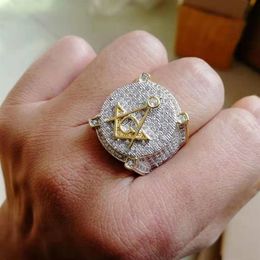 iced out masonry sign rings for men luxury designer bling diamond and Accepted Masons gold ring 18k gold plated hiphop je231u