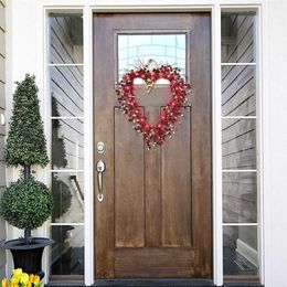 16 Inch Valentine's Day Wreath Front Door Decorations Red Berries Heart Shaped Wreaths with 20 LED Battery Operated LBSh Q081233D