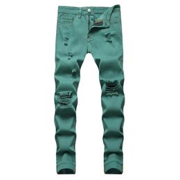 Men's Jeans Fancy Neon Colour Y2K Denim Streetwear Slim Straight Pants Holes Ripped Trousers Green Yellow Pink267K