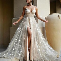 Beach Bling Bling Champagne Wedding Dresses Spaghetti Straps A Line Bridal Gowns Plus Size 4 6 8 10 12 14 16 18 20236z