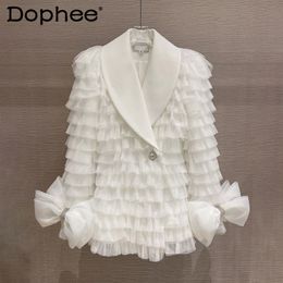 Women s Suits Blazers Sweet Bow Diamond Buttons White Suit Blazer Coat Layered Mesh Feather Slim Jacket Spring Fashion Clothing 230719