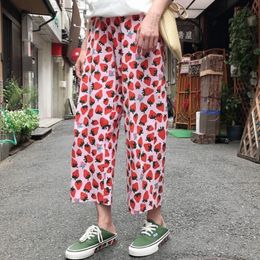 Women's Pants Capris Japanese Cute Girl Small Strawberry Printed Pants Summer Thin Casual Cropped Pants High Waist Drape Wide Leg Pants Women 230719