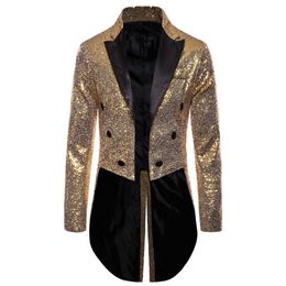 2020 Sequin Long Jacket Blazer Men Swallowtailed Coat Stage Magician Wedding Groom Suit Tuxedo Hombre Masculino2536