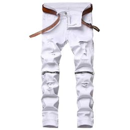 Men's Jeans 2021 Spring Summer Original Design Fashion Hole Elastic White Knee Zipper Slim Pants Men Fit2382