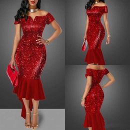 Modest Sequined Mermaid Mother of Bride Dresses Plus Size African Hi Lo Off Shoulder Evening Gowns Ruffles Custom Made Wedding Gue322R