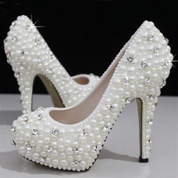 Fashion Luxurious Pearls Crystals White Wedding Shoes Size 12 cm High Heels Bridal Shoes Party Prom Women Shoes 280z