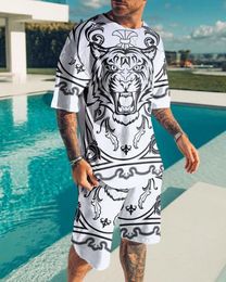 Men's Tracksuits Summer Men's O-Neck Short SleevesShorts Roaring White Tiger 3d Printed Pattern Fashion Leisure Loose T-Shirt Set Beach Wear 230720