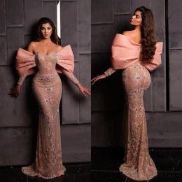 Shiny Sequins Beads Prom Dresses 2023 Elegant Pink Mermaid Evening Dress Custom Made Long Sleeves Glitter Women Celebrity Party Go272o