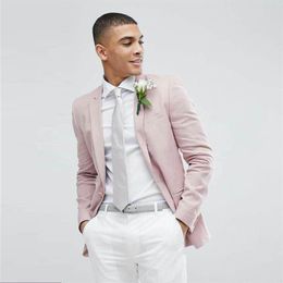 Pink Men Suits for Wedding Groom Tuxedos Summer Groomsmen Blazer Mariage Party 2Piece White Trousers Costume Homme Casual Trajes d222B