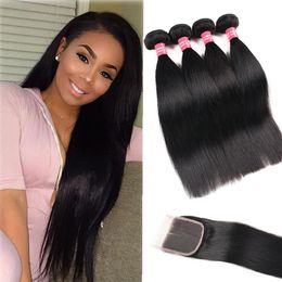 8A Remy Malaysian Straight Body Wave Kinky Curly Loose Wave Deep Wave 3 Bundles With 4X4 Lace Closure Remy Human Hair Bundles With2427