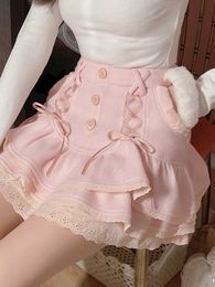 Skirts Japanese Kawaii Lolita Mini Skirt Women Winter Lace Casual Elegant Sweet Female High Waist Bandage Korean 2023 230720