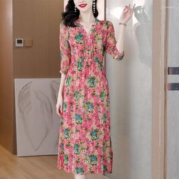 Casual Dresses 2023 Mulberry Silk Print V-neck Dress Summer Female High-end Women Fashion Beach Korean Elegant