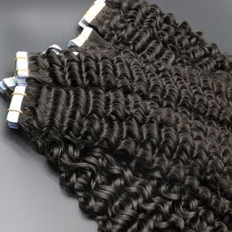 Kinky Curly Tape in Hair Extensions Human Hair Unprocessed Brazilian Malaysian Indian Virgin Hair Natural Black Color