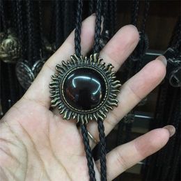 Bolo Ties Bolo tie Retro shirt chain Imitation of obsidian sun Poirot tie rope leather necklace Long tie hang HKD230719