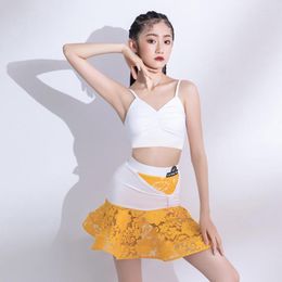 Stage Wear Sleeveless Tops Lace Patchwork Lotus Kids Latin Dance Skirt For Girl Dresses Competition Ballroom Dancing Costume NY07 LT6B77MS