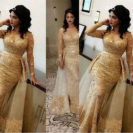 Yeni Arapça Altın Şampanya Gece Elbise Kadınlar İçin Giyin Denizkızı Dantel Aplikler Boncuklar Aşırı Etekler Kat Uzunluğu Resmi Balo Elbisesi PA236o