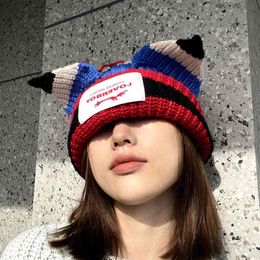 Yang Chaochao's same Loverboy new red and blue striped pig cat ear wool warm knit cold hat283j