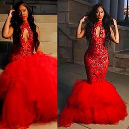 2021 Plus Size Arabisch Aso Ebi Rote Meerjungfrau Sexy Ballkleider Spitze High Neck Abend Formale Party Zweite Empfangskleider Kleid ZJ202274L