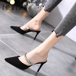 Slippers Pointed Suede Rhinestone Strap Women's Sandals Solid Colour Stiletto Heels Slip On Slides Summer Dress Shoes Hollow Pump