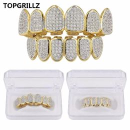 Europe and America Hip Hop Iced Out CZ Gold Teeth Grillz Caps Top Bottom Diamond Teeth Grillzs Set Men Women Grills318o