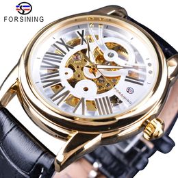 Forsining watch Official Exclusive Limited Men Golden Bezel Genuine Leather Belt Mens Automatic Skeleton Watch Top Brand Luxu232H